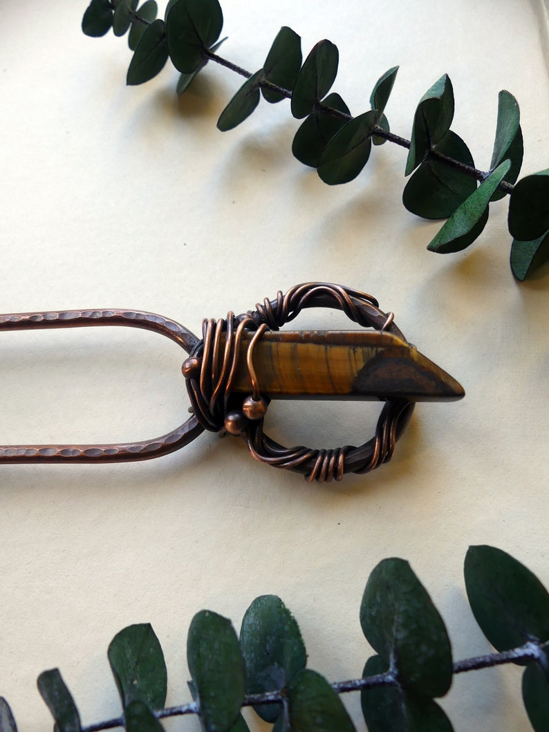 fun hair accessories and magical gift for her Mystic Tigers Eye Copper Hair Fork