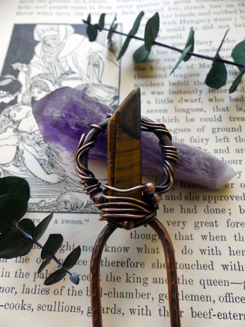 fun hair accessories and magical gift for her Mystic Tigers Eye Copper Hair Fork