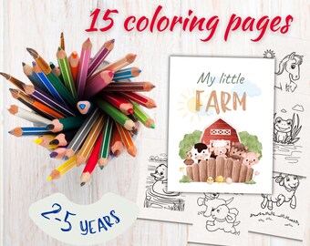 May include: A coloring book with 15 pages featuring farm animals, a red barn, and the text "My little FARM". The book is designed for children ages 2-5 years old.