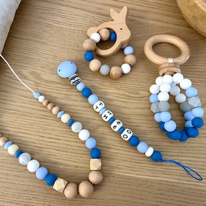 Baby box 4-częściowy spersonalizowany prezent dla dziecka i przyszłej mamy naszyjnik karmiący piersią grzechotka klips do smoczka silikonowy adapter do smoczka MAM