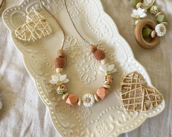 Borstvoedings- en draagketting – Perzikbloem moedersieraad – Moederketting van voedselveilig siliconen en hout – Doopcadeau