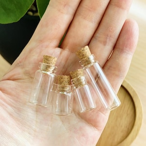 May include: Four small, clear glass bottles with cork stoppers are displayed. The bottles are of varying sizes and shapes, with a cylindrical and rectangular design. The corks are a light brown colour. The bottles are held in a hand.