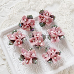 5pcs 20mm Pink flower plants leaves ceramic charms cabochons flatback beads pendant DIY jewelry making parts findings