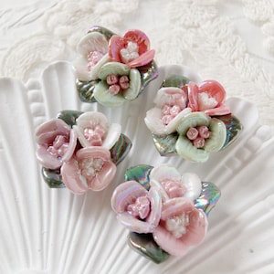 5pcs 26x24mm Pink red mint flower plants leaves ceramic charms cabochons flatback beads pendant DIY jewelry making parts findings