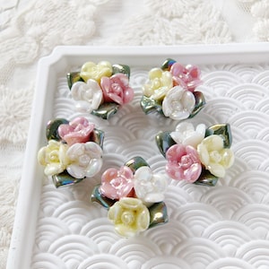 5pcs 17x19mm Pink yellow white flower plants leaves ceramic charms cabochons flatback beads pendant DIY jewelry making parts findings