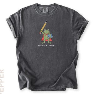 May include: Dark gray t-shirt featuring a cartoon frog wearing a cape and holding a pencil and books. The frog has a green body, red cape, and the text "WE TEST AT DAWN" is printed below the frog.