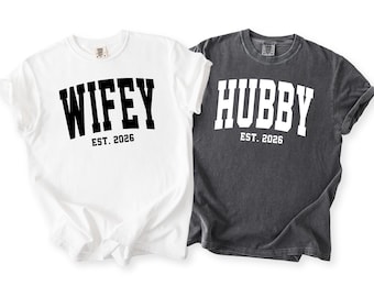 Comfort Colors® Hubby Wifey Matching Shirts, Newlywed Established Tee, Anniversary Couple Apparel