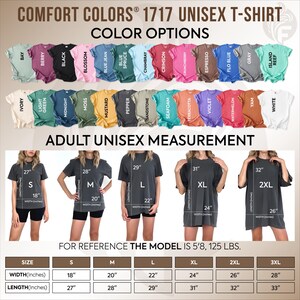 The image is a collage of various t-shirt designs in different colors, along with size and width measurements for each design.