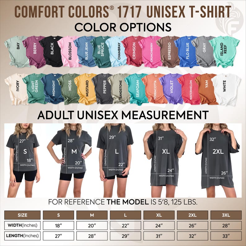 The image is a collage of various t-shirt designs in different colors, along with size and width measurements for each design.