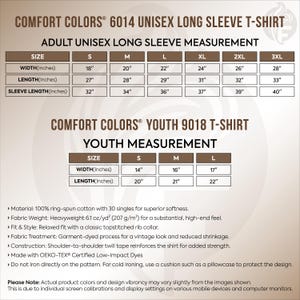 a collection of different sizes and styles of long sleeve t-shirts, including adult and youth sizes, as well as measurements and fabric details.