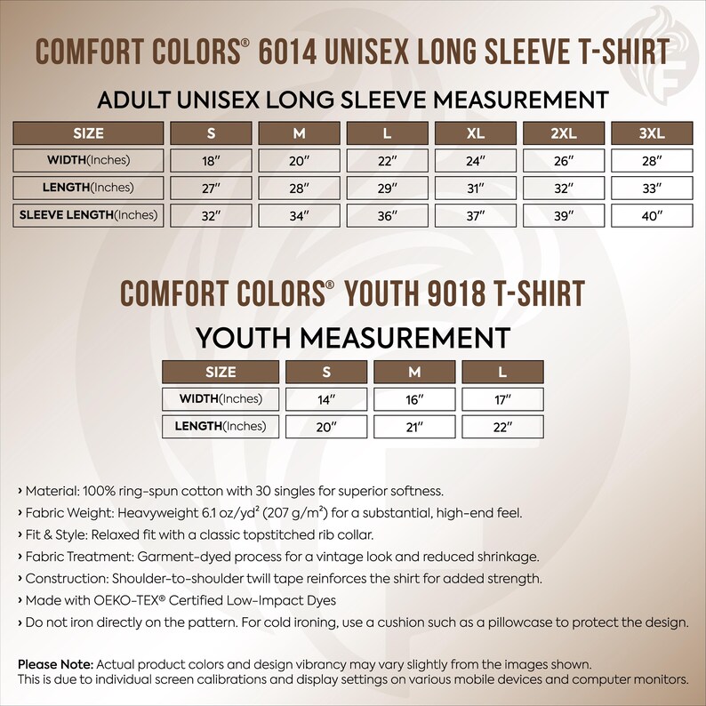 a collection of different sizes and styles of long sleeve t-shirts, including adult and youth sizes, as well as measurements and fabric details.