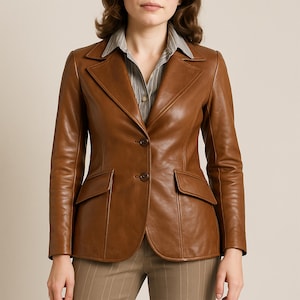Pure Leather Blazer for Women | Brown Real Leather Fitted Blazer | Tailored Office Jacket | Handmade Vintage Style Coat