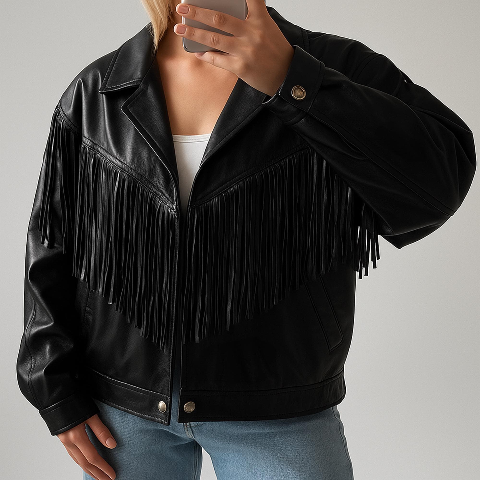 Schwarze Fransen Leder Bikerjacke: Western Boho Style