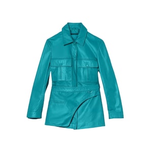 Chaqueta de piel auténtica turquesa para mujer: elegante diseño asimétrico, prenda de abrigo de lujo, abrigo de piel suave hecho a mano para otoño.