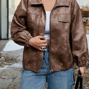 Women’s Oversized Brown Leather Bomber Jacket – 90s Vintage Style in Genuine Leather