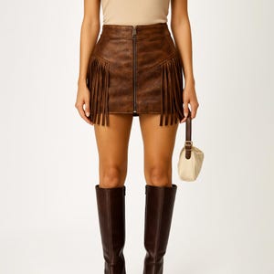 Real Leather Fringe Mini Skirt | High Waisted Brown Leather Skirt | Western Cowgirl Festival Skirt | Zipper Front Skirt for Women