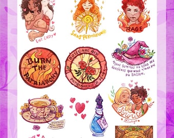 Peut inclure: Une planche d'autocollants intitulée STICKERS FEMINISTE présentant douze illustrations dont une personne avec des chats, un soleil brillant, une personne dans les flammes, une tasse de thé, une fiole, un lapin, un écureuil et divers motifs.