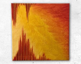 Original Abstract Painting, 12" square with yellow, red, orange, and sewn yarn accents.