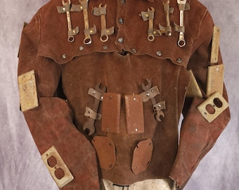 Distressed Leather Wrench Jacket - Rusted Tool Embellished