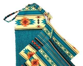 Southwestern Orange Teal Turquoise Black Cream Ties On Hanging Kitchen Hand Dish Towel and 2 Square Hot Pot Pan Plate Holders Pads Trivets