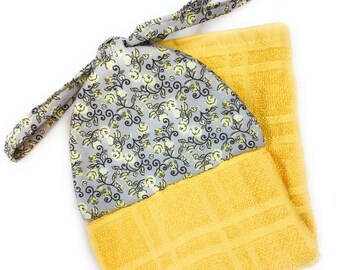 White and Yellow Flowers on Grey Ties On Stays Put Kitchen Hanging Loop Hand Dish Towel 