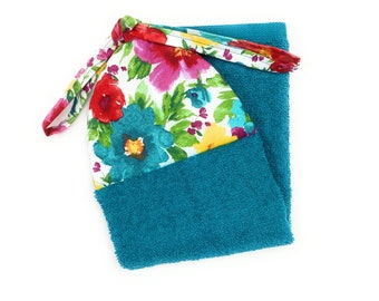 Red Pink Yellow Floral Flowers Teal Turquoise Green Ties On Stays Put Kitchen Hanging Hand Dish Towel She Who Sews