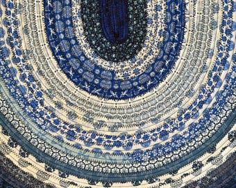 Blue and White Floral Jelly Roll Oval Throw Rug