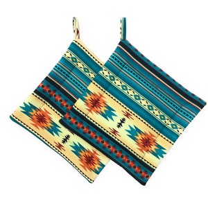 May include: Two turquoise, orange, and yellow patterned pot holders with black trim and a hanging loop.