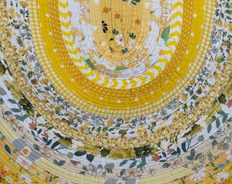 Yellow and White Floral Jelly Roll Oval Throw Rug