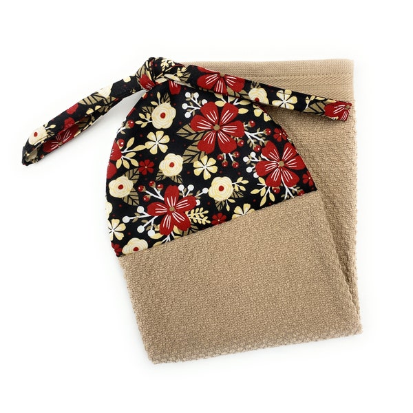 Flowers Red and Cream with Taupe Tan Leaves Ties on Refrigerator Stays Put Tan Kitchen Bathroom Hanging Loop Hand Dish Towel Free Shipping