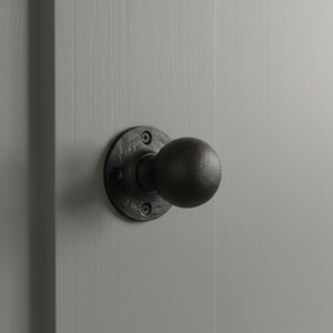 May include: A matte black spherical door knob with a textured finish, mounted on a circular base plate. The base plate is secured to a light grey vertical surface with three visible screws, each featuring a cross-head design.