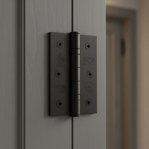 May include: A matte black metal door hinge with four screw holes on each plate, featuring embossed markings including a flame icon, the text FD30/60, CE, and other certification symbols, mounted on a grey door frame with a vertical panel design.