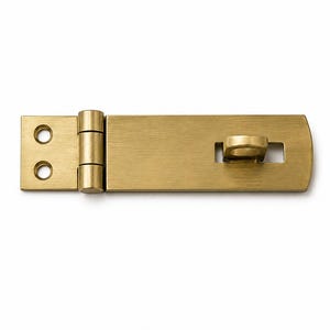 May include: A brushed brass hasp latch featuring a rectangular mounting plate with two circular screw holes, a central hinge mechanism, and a longer rectangular arm with a protruding loop designed to accommodate a padlock for security.