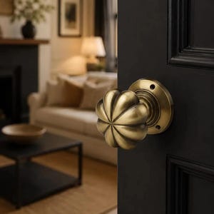 May include: A brass door knob with a fluted, pumpkin-shaped design mounted on a circular backplate. The knob features a metallic finish with dark, recessed detailing, attached to a solid black door panel with visible screw holes.