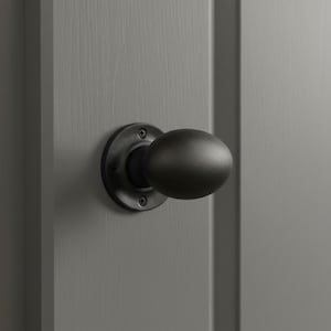 May include: A matte black oval-shaped door knob with a circular mounting plate. The hardware features a smooth, solid finish and is secured to a gray paneled door with visible screws on the round base plate, providing a functional grip.