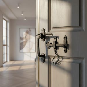 May include: A light-coloured wooden door featuring a dark, textured metal latch and handle set. The hardware includes a thumb-operated latch mechanism, a horizontal sliding bolt, and a small metal chain attached to a pin, all mounted with screws.