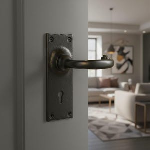 Peut inclure: Une poignée de porte en métal noir mat avec une plaque rectangulaire aux bords festonnés en haut et en bas. La poignée présente un levier incurvé et une entrée de clé en dessous. Quatre vis apparentes fixent la plaque sur la porte.