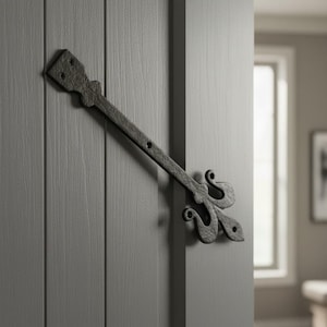 May include: A black metal strap hinge with a textured finish and a decorative fleur-de-lis end. The hinge features a long, straight arm with pre-drilled screw holes for mounting, attached to a vertical gray paneled surface with a matte finish.