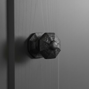 May include: A matte black cabinet knob with an octagonal shape and a textured, hammered surface. The knob is mounted onto a dark gray cabinet door panel that features a visible vertical wood grain pattern, creating a contrast in texture.