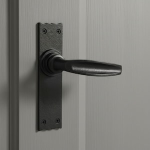 May include: A matte black door handle featuring a rectangular backplate with scalloped top and bottom edges. The lever has a tapered, horizontal design and is secured to a light gray door with four visible screws at the corners of the plate.