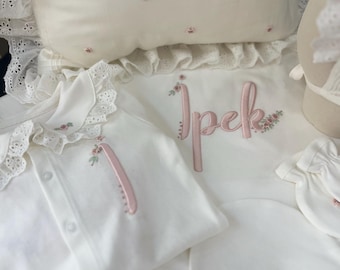 Personalized Newborn Outfit Set: Embroidered Cotton Baby Clothes, Coming Home Gift