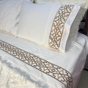 White Cotton Bedding Set: Caramel Geometric Embroidery, Full Size