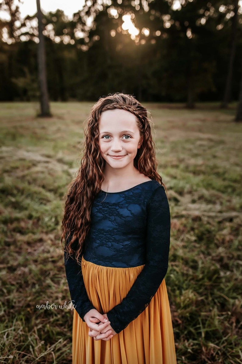 Flower Girl Tutu Dress The Savannah Dress in Navy Lace and Mustard Yellow