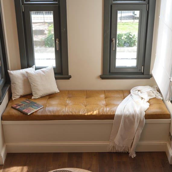 Comfortable Leather Bench Cushion, Custom Tufted Leather Bench Cushion, Large Window Leather Seat Cushion