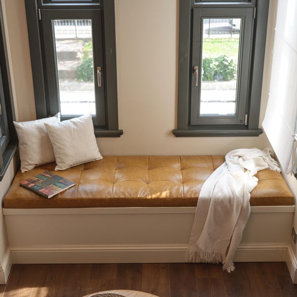 Comfortable Leather Bench Cushion, Custom Tufted Leather Bench Cushion, Large Window Leather Seat Cushion