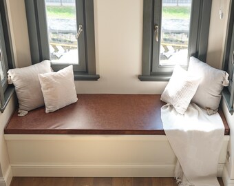 Custom Leather Bench Cushion Indoor, Tufted Leather Bench Cushion, Leather Window Bench Cushion