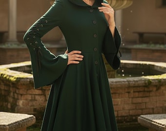 Green Hooded Gothic Dress for Her | Medieval Witch Outfit | Renaissance Flare Sleeve Costume | Gown Idea for Renaissance Faire