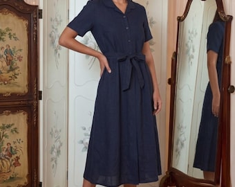 Cotton Midi Dress for Her | Button Down Belted Dress for Wedding Guest | Short Sleeve Summer Dress | Garden Party Outfit