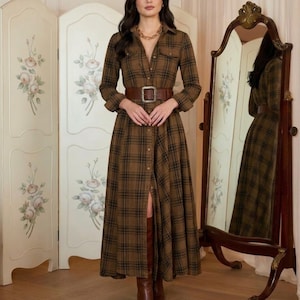 lace up flannel dress UO Perfectly Plaid Lace-Up Ruffle Midi Dress