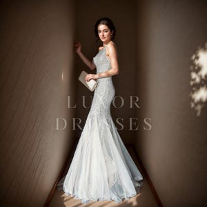 Silver Sequin Deep V-Neck Fishtail Evening Gown